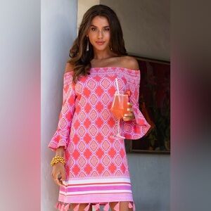 Cabana Life NWOT Off-the-Shoulder smocked
Elastic top & Tassel trimmed dress S